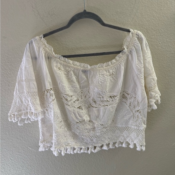 PLACE NATIONALE White Off The Shoulder Eyelet Top Lace Size 1 Bohemian - Picture 3 of 4